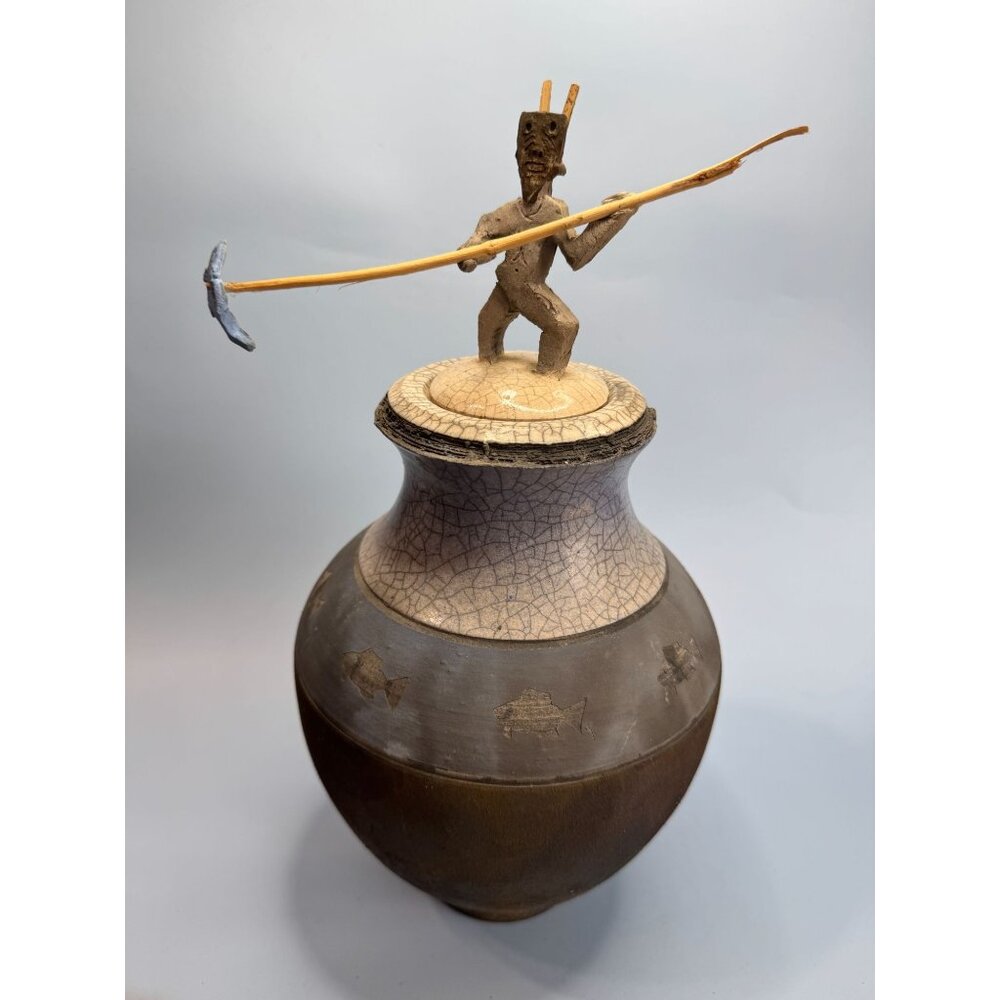 Signed Raku Tribal Pottery Sculpture Jar Spear & Fish Motif By Dickason 1993